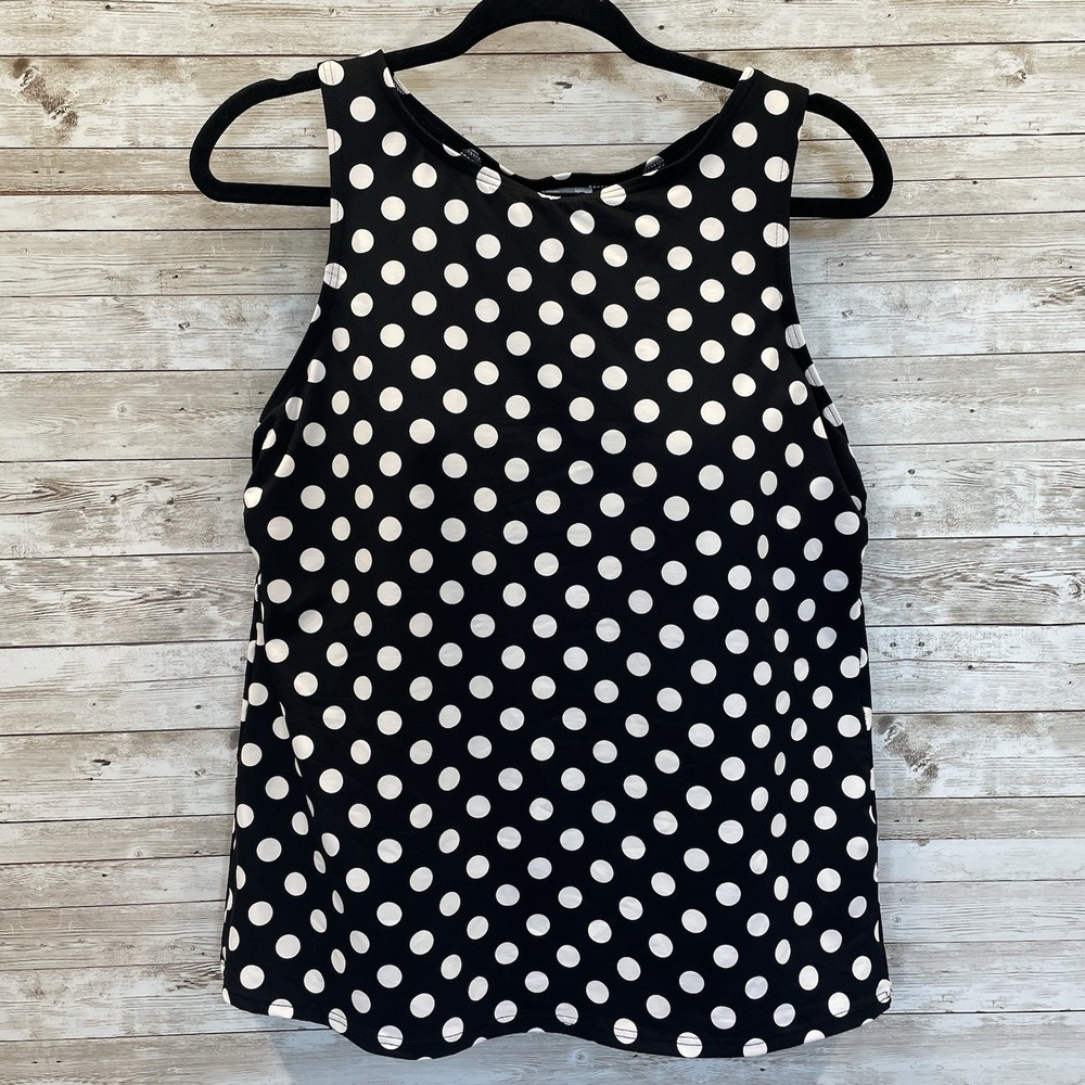 Lands' End‎ Womens 14 Swimsuit Tankini Top Shelf Bra Polka Dot Print Black White